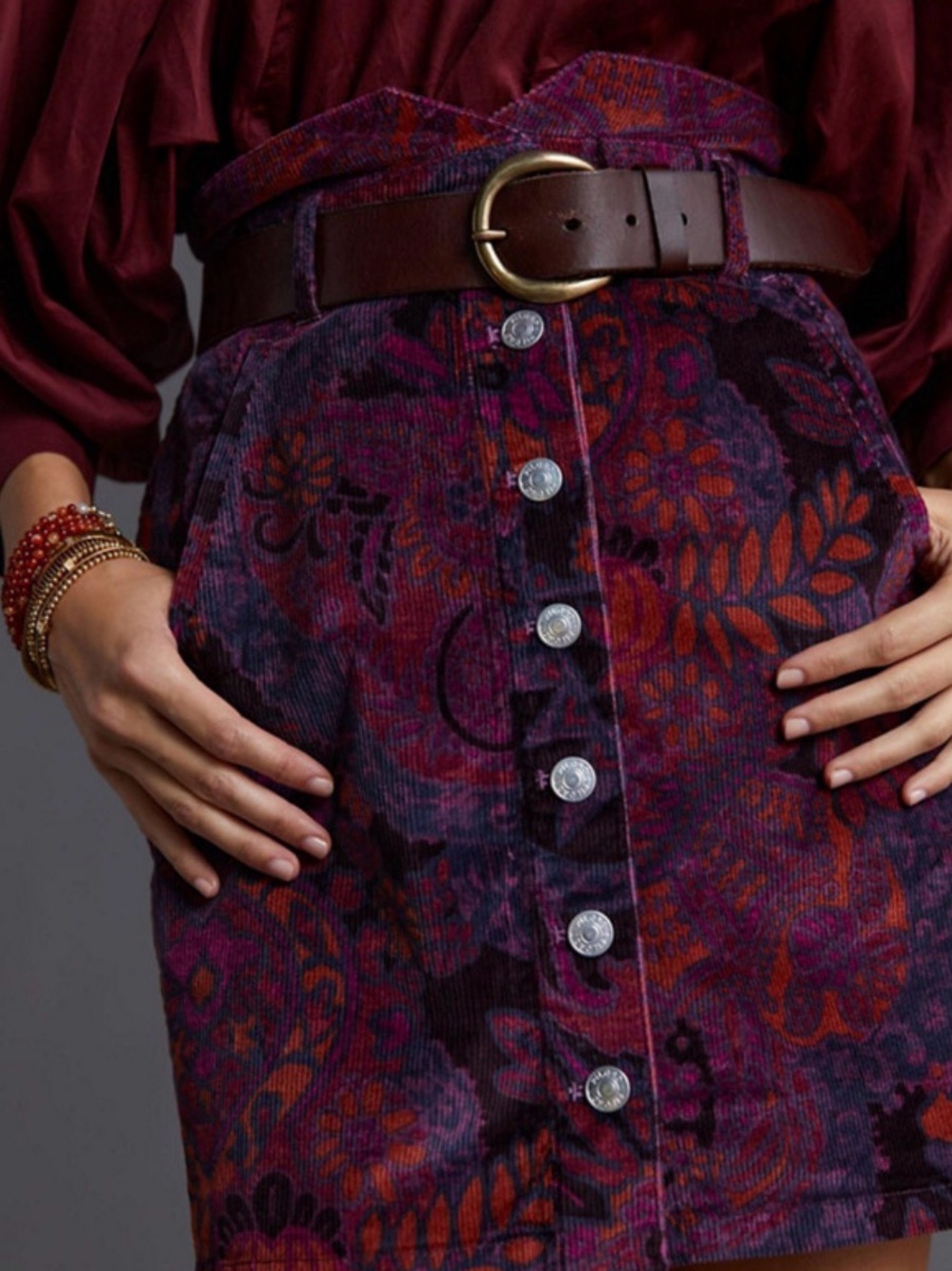 Pilcro Plum Floral Corduroy Button-Front Mini Skirt